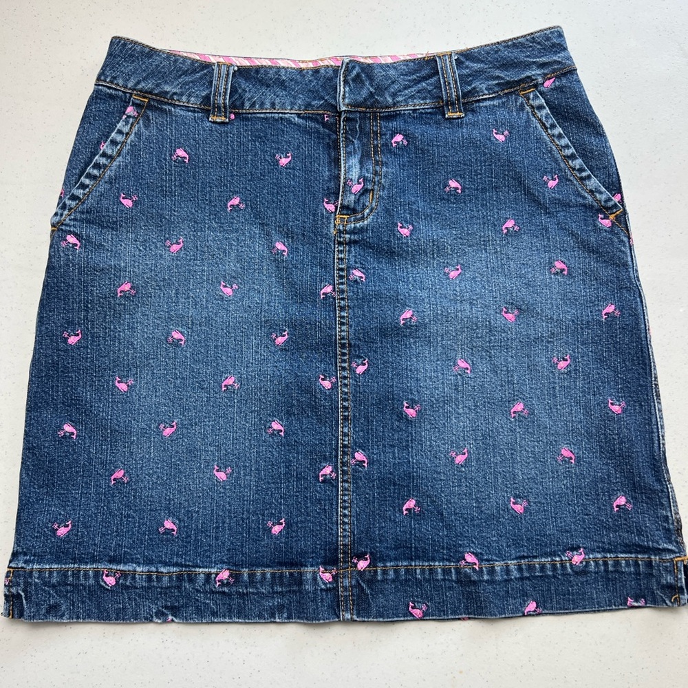VTG Lilly Pulitzer Womens Blue Embroidered Pink Whales Skirt Jean Skirt Sz 2
